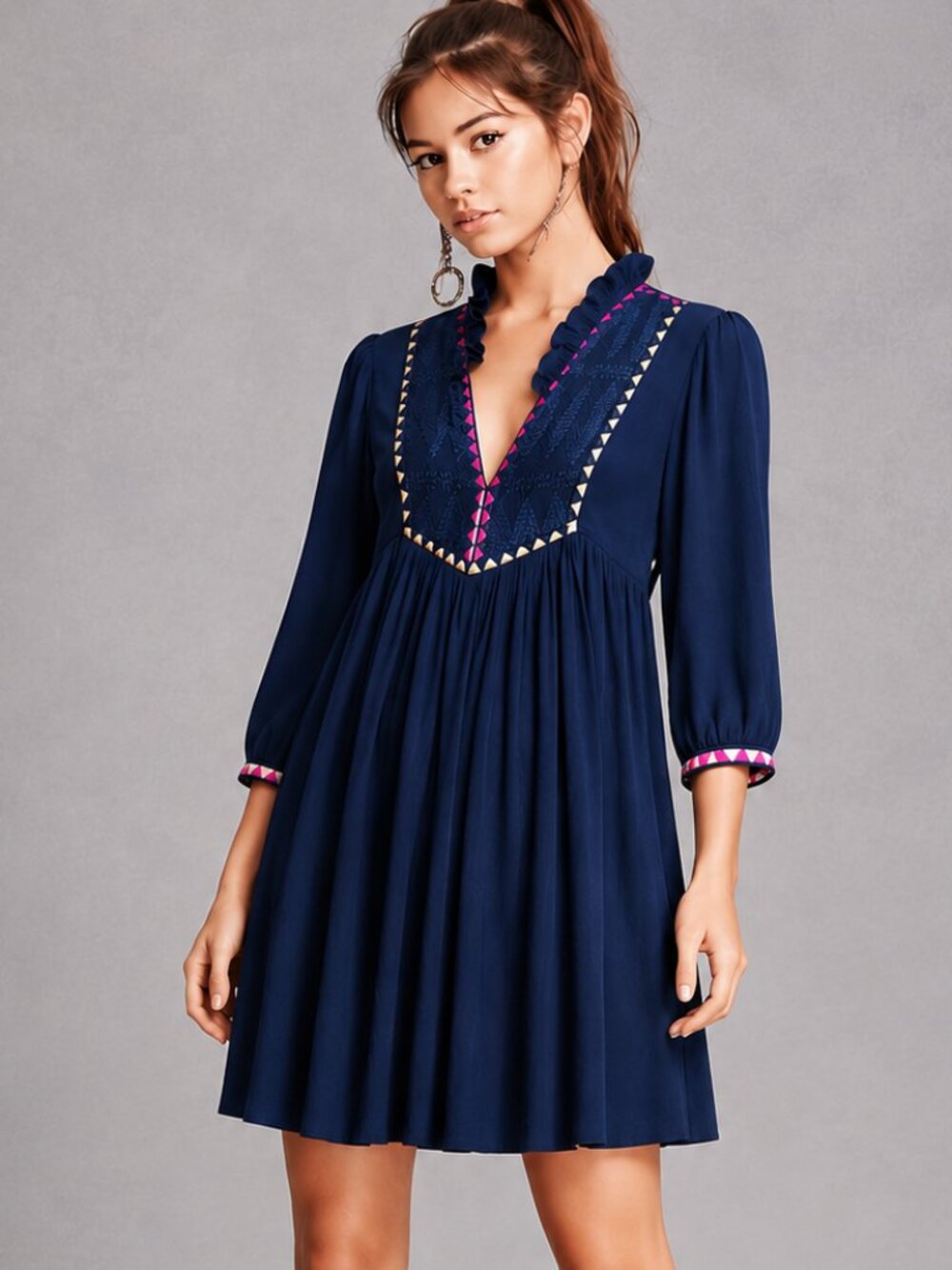 Boho Embroidered Navy Shift Dress | Colorful Trim | 3/4 Sleeves | Relaxed Fit